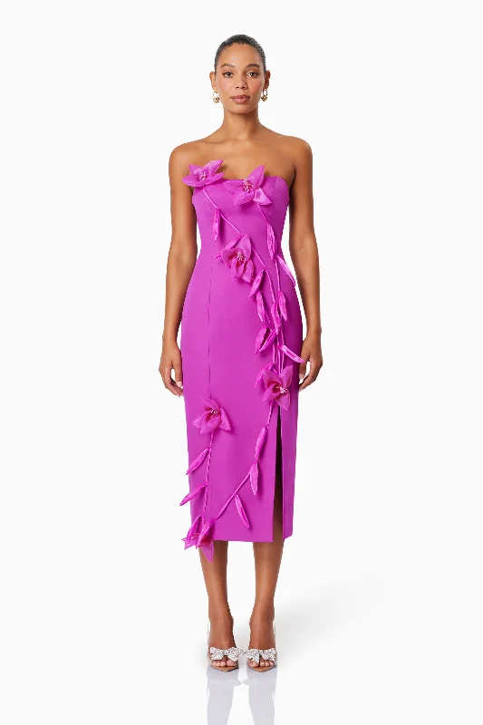 Bethany Strapless Floral Midi Dress In Purple - Pre Order