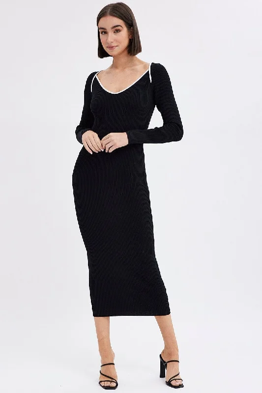 Black Midi Dress Long Sleeve Sweetheart Contrast Bind