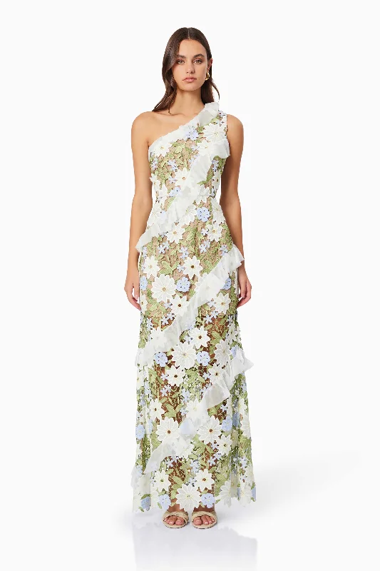 Flora One Shoulder Lace Maxi Dress in Green