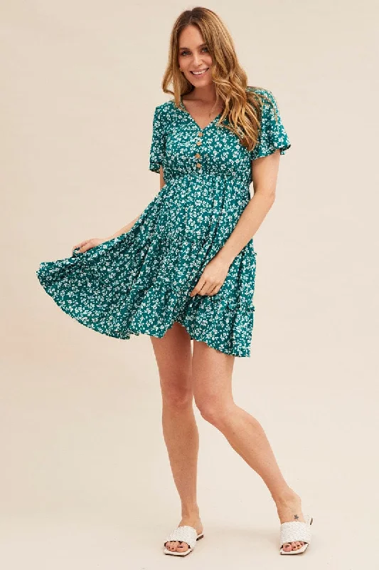 Green Ditsy Short Sleeve Floral Mini Skater Dress