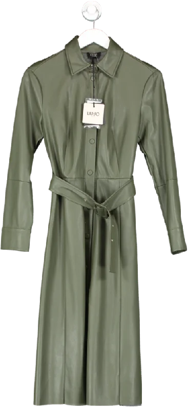 Liu JO Olive Green Eco Leather Midi Shirt Dress Bnwt UK 8