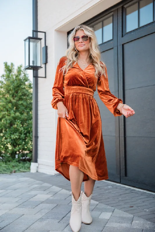 Love Made Me Rust Velvet Surplice Midi Dress