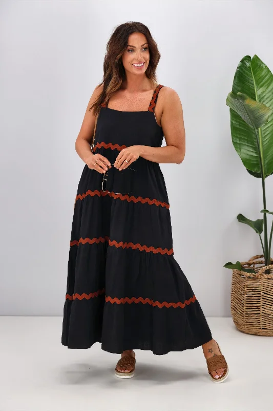 Miracle Linen Ric Rac Tiered Maxi Dress Black Tan