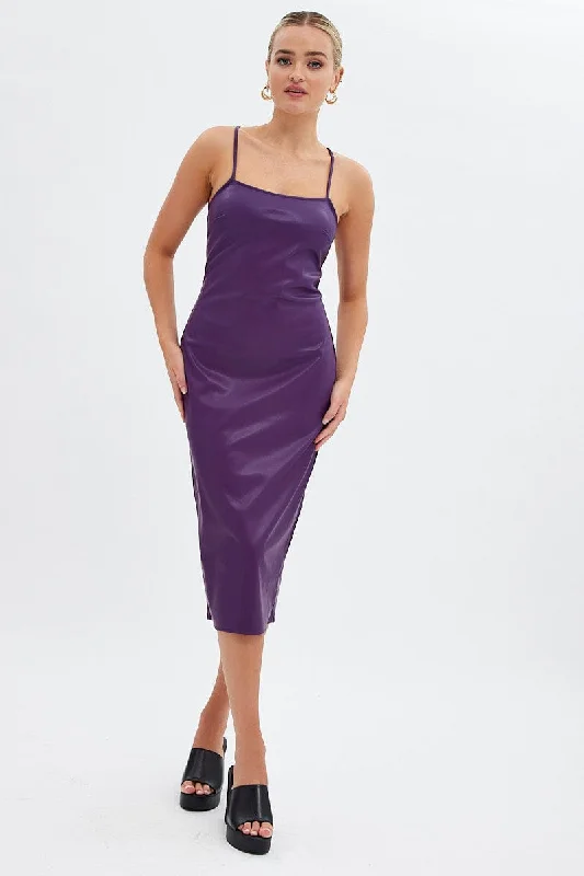 Purple Faux Leather Dress Sleeveless Scoop Neck Midi