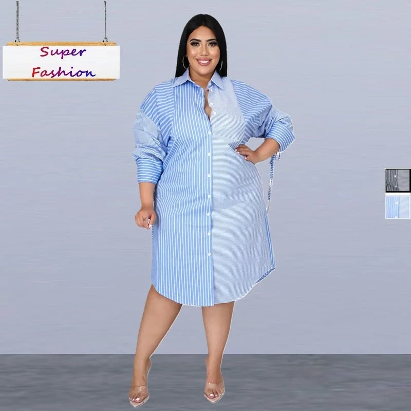 Women's Striped Fashion Designer Shirt Dresses Midi Dresses (Plus Size)