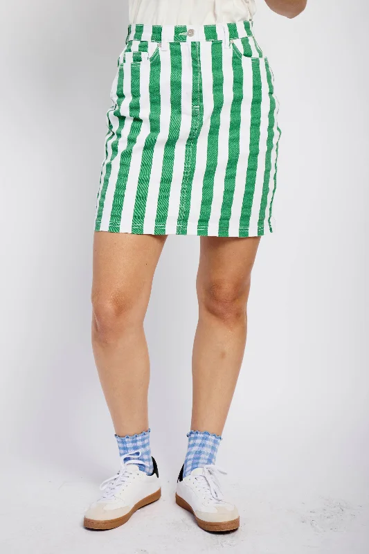 Denim Stretch Skirt in Green Stripe