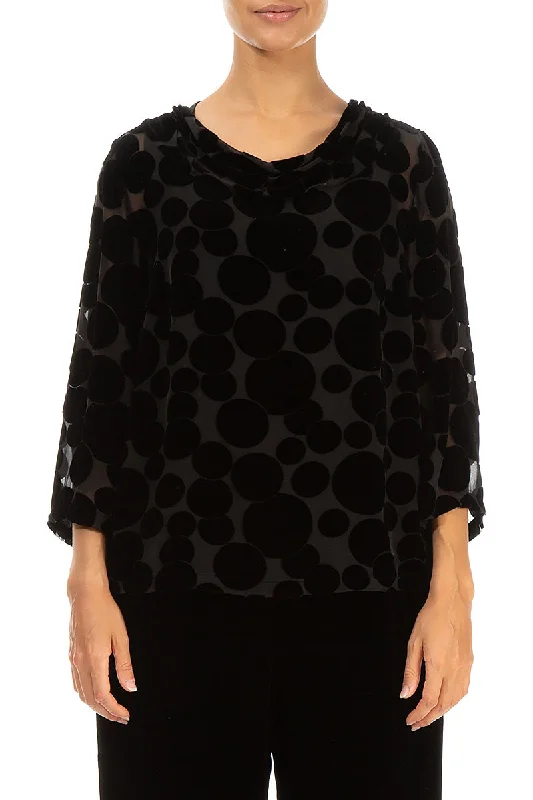 Cowl Neck Devoré Bubbles Black Silk Velvet Blouse