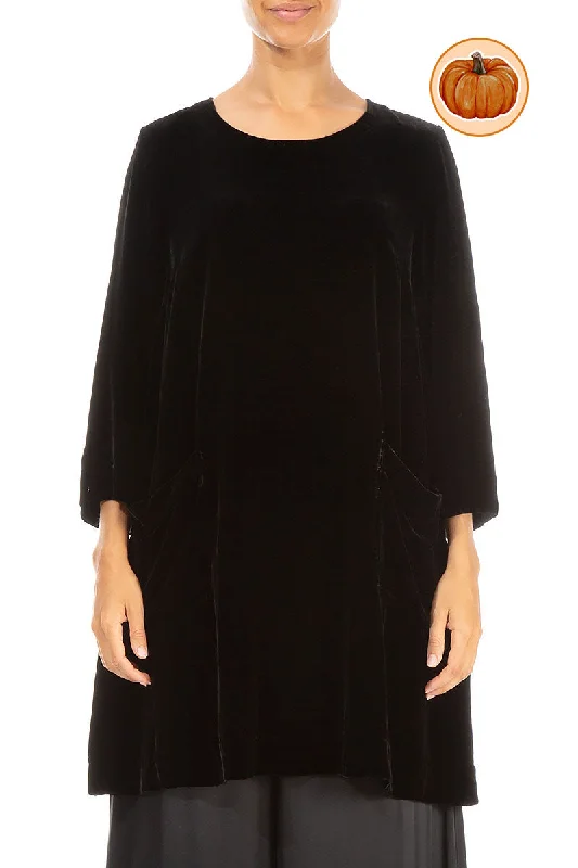 Two Pockets Black Silk Velvet Tunic