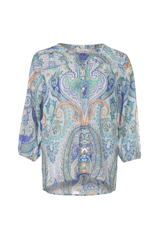 3/4 sleeve Printed Chiffon Top | Blues Aqua Patchwork | 7124AR