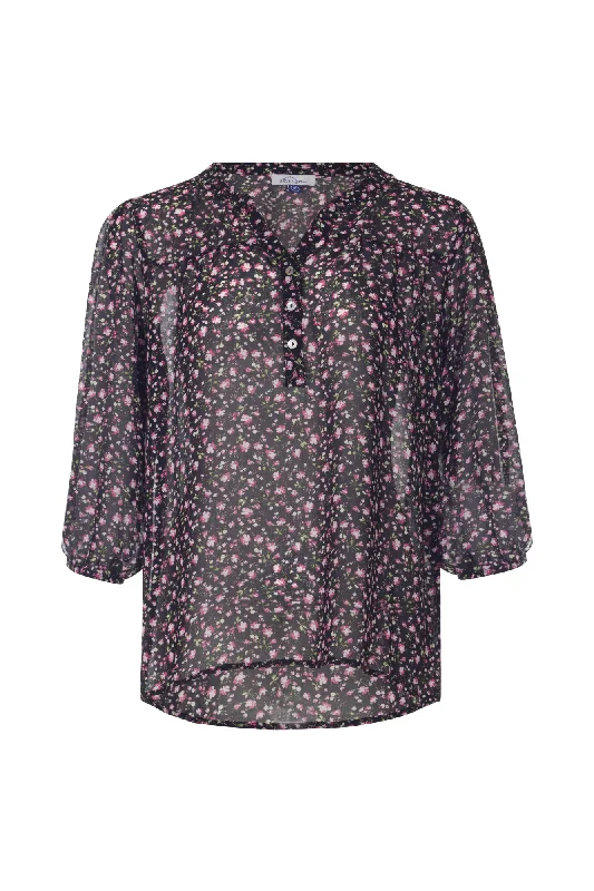 3/4 sleeve Printed Chiffon Top | PINK BLACK DITSY | 7124AR