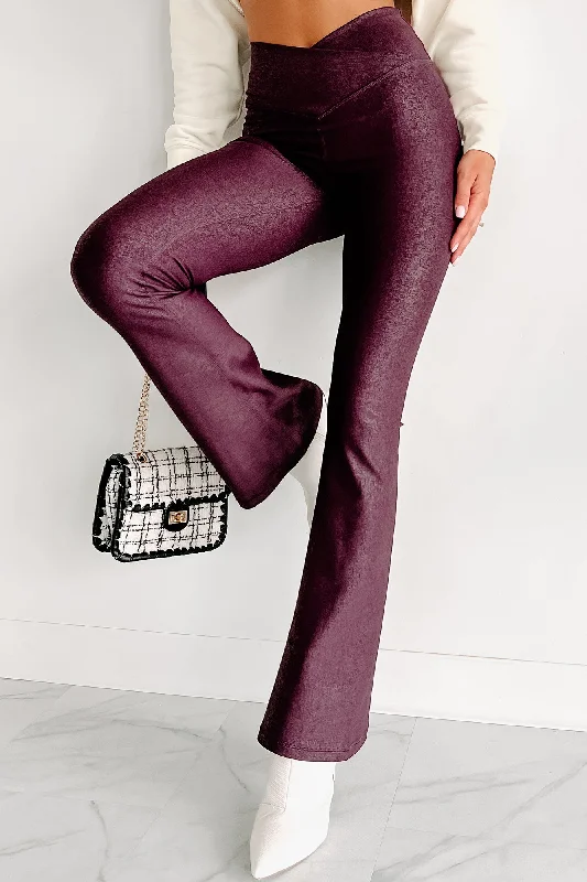 Just The Beginning Cross-Waist Metallic Foil Flare Leggings (Burgundy)