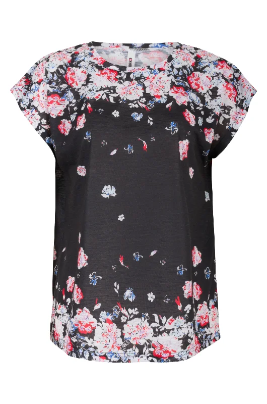 Placement print Top | Blk Floral Pink Border | 3911AR