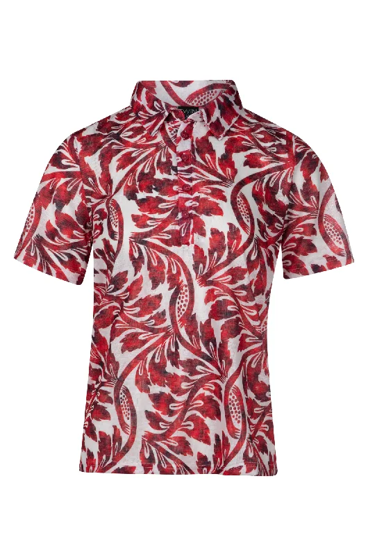 Printed Slub Polo Top | Red Ivory Vines | 6803A1