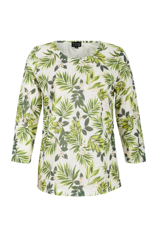 Printed Slub Top with hi lo hemline | GREEN PALMS | 6801AR