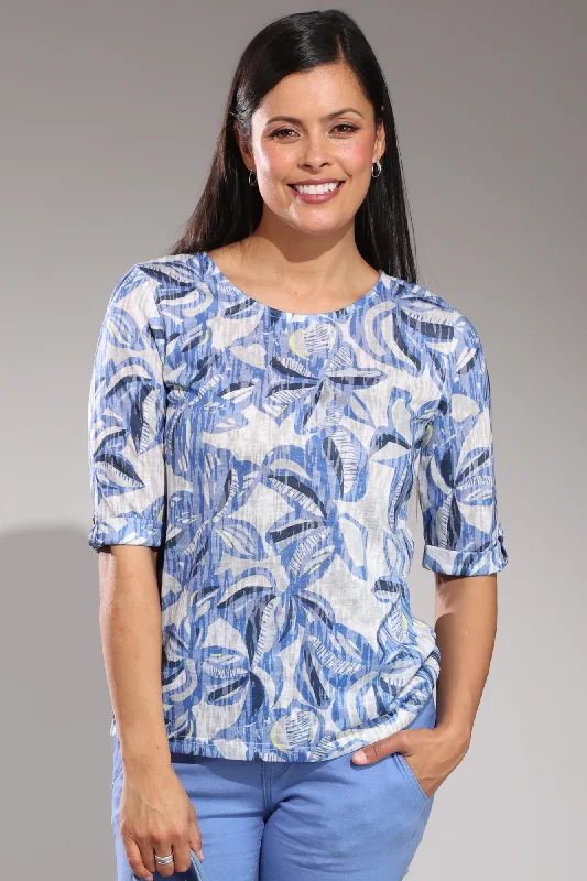 Printed Slub Top with hi low hem | Blue Taupe Flower | 6802A1