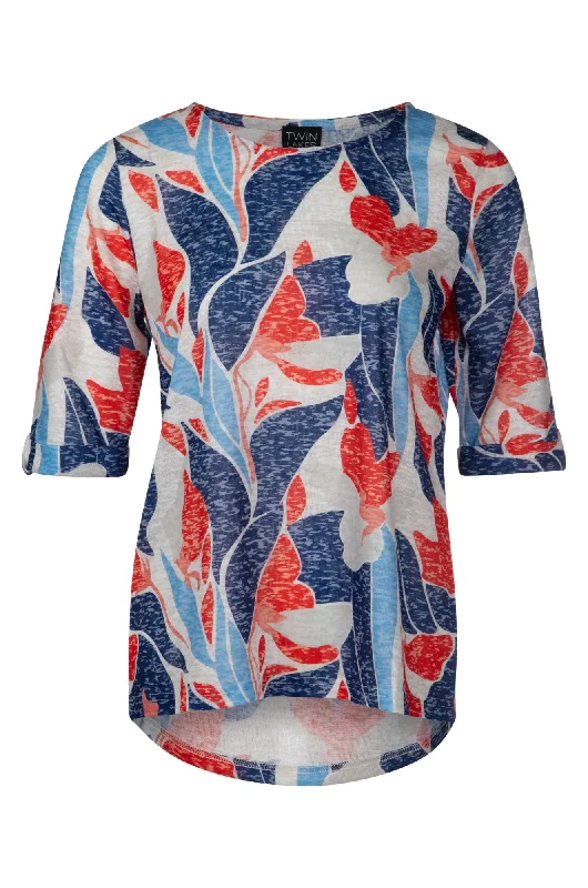 Printed Slub Top with hi low hem | Indigo Coral Abstract | 6802A1