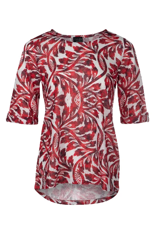 Printed Slub Top with hi low hem | Red Ivory Vines | 6802A1