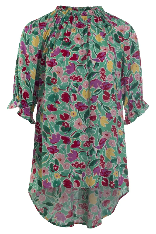 Printed Tunic with shirred neck | Green Red Garden | 3322AR