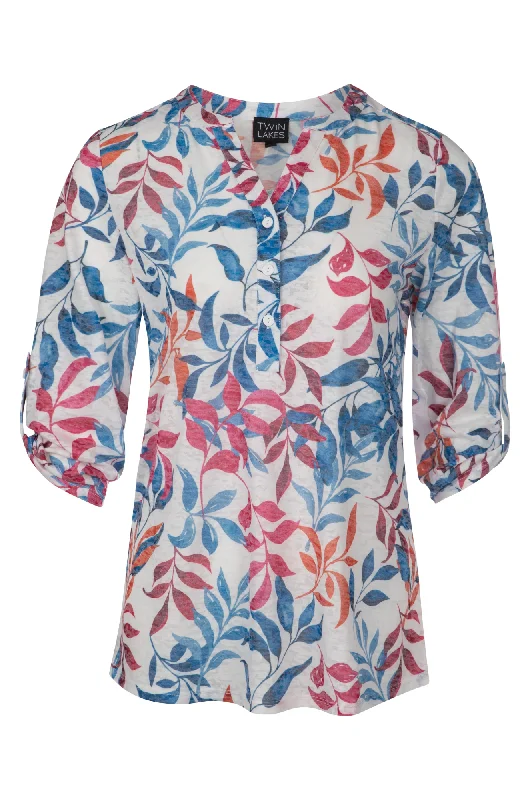 Burnout Tunic with nehru collar | Blues Pink Stem | 6061A1