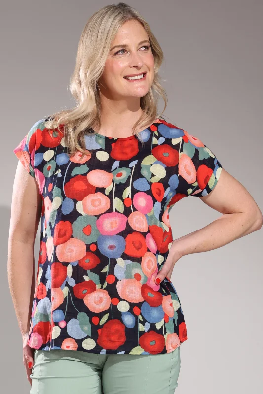 100% Printed Cotton Tunic | Navy Red Poppy | 6272A1