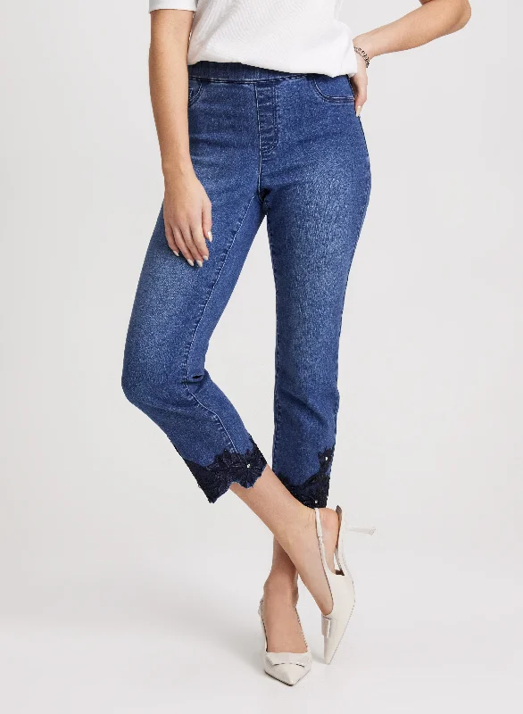 Embroidered Hem Straight Leg Jeans