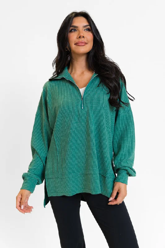 Fireside Festivities Green Ribbed Quarter Zip Pullover