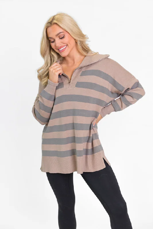 Pulling Heartstrings Taupe Striped Quarter Zip Pullover