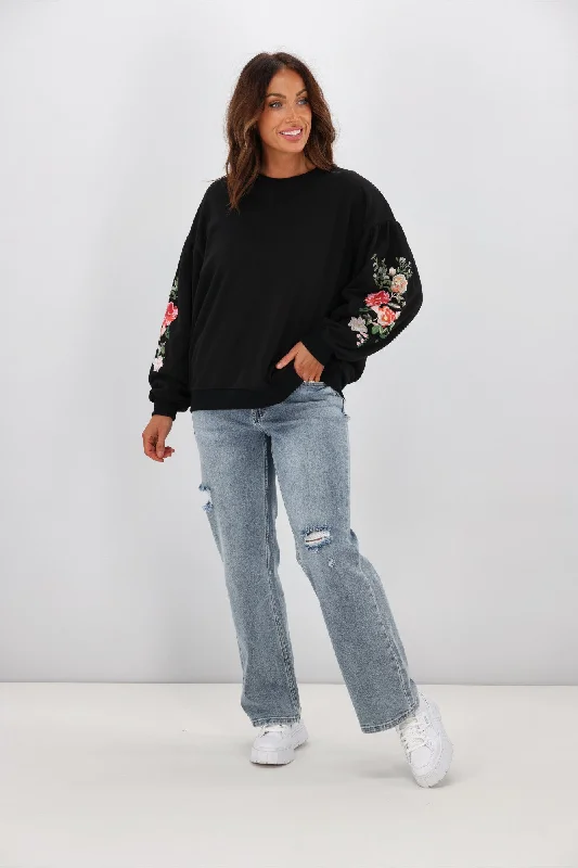 Shine On Label Rosetta Embroidered Sleeve Crew Black