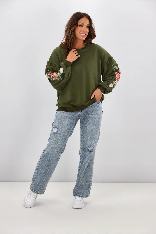 Shine On Label Rosetta Embroidered Sleeve Crew Olive