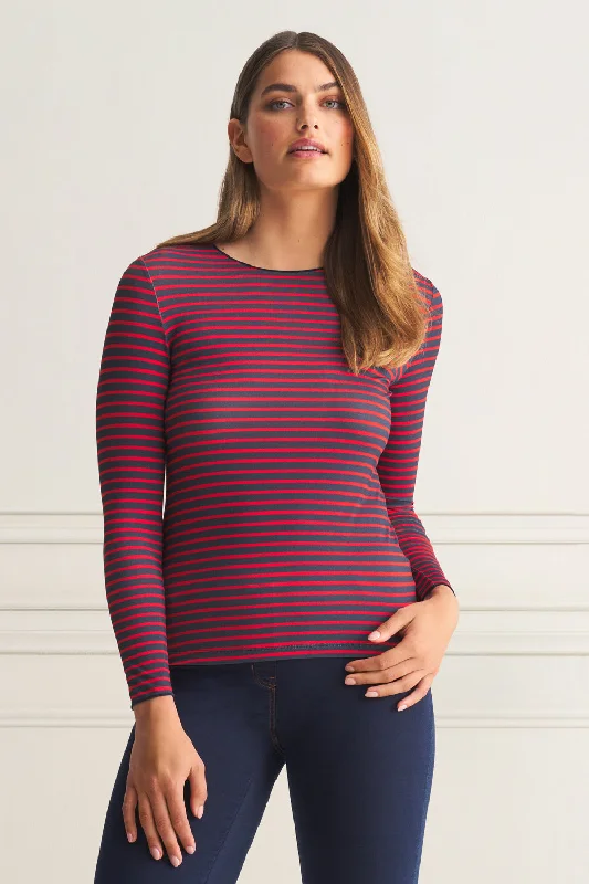 Long Sleeve Crew Neck Top - Red Navy Stripe